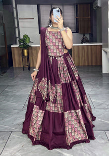 Wine Patchwork Lehenga Choli with Mirror Tassels