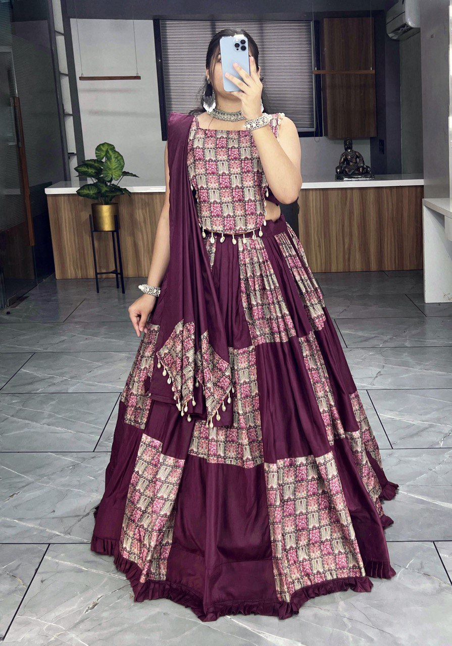 Wine Patchwork Lehenga Choli with Mirror Tassels