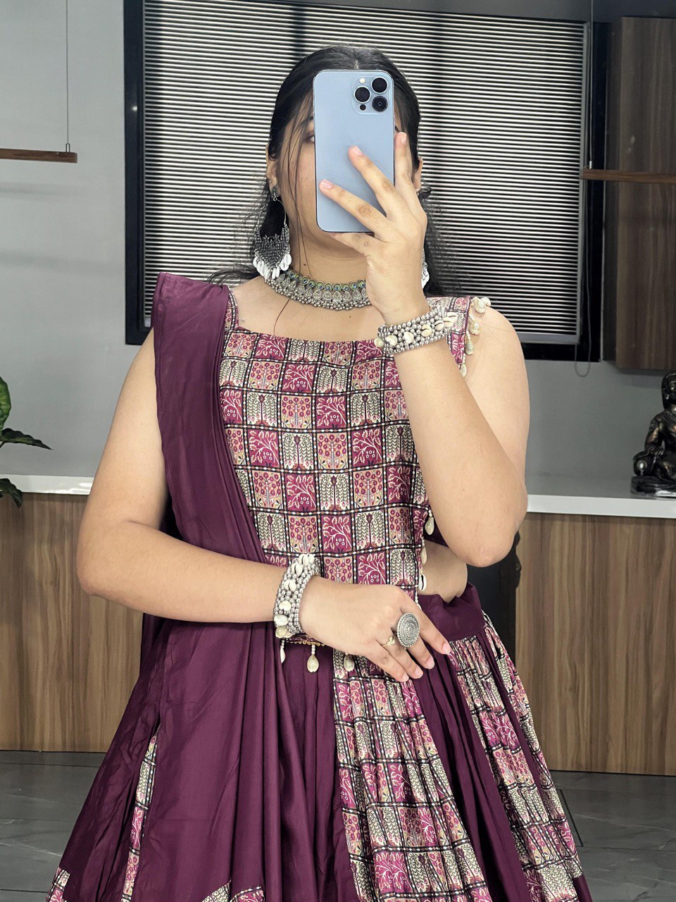 Wine Patchwork Lehenga Choli with Mirror Tassels