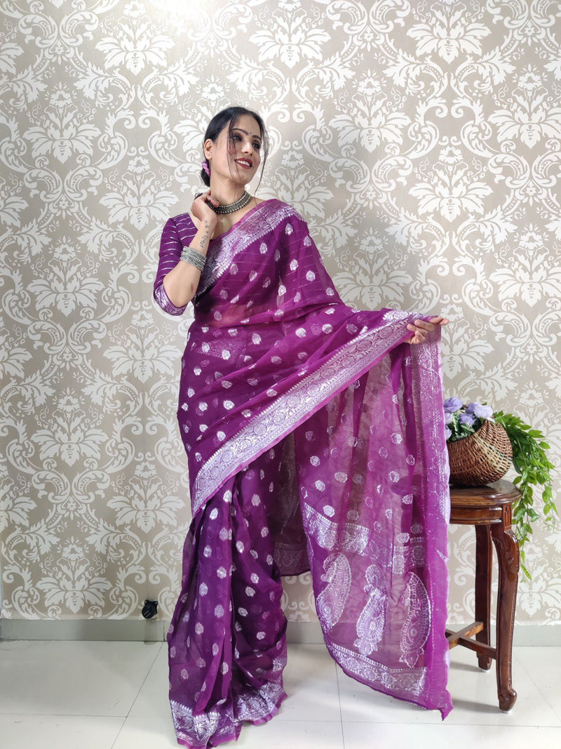 Majestic Purple Banarasi Silk Saree with Silver Zari Weaving