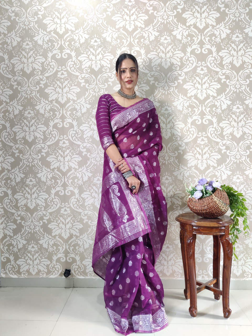 Majestic Purple Banarasi Silk Saree with Silver Zari Weaving