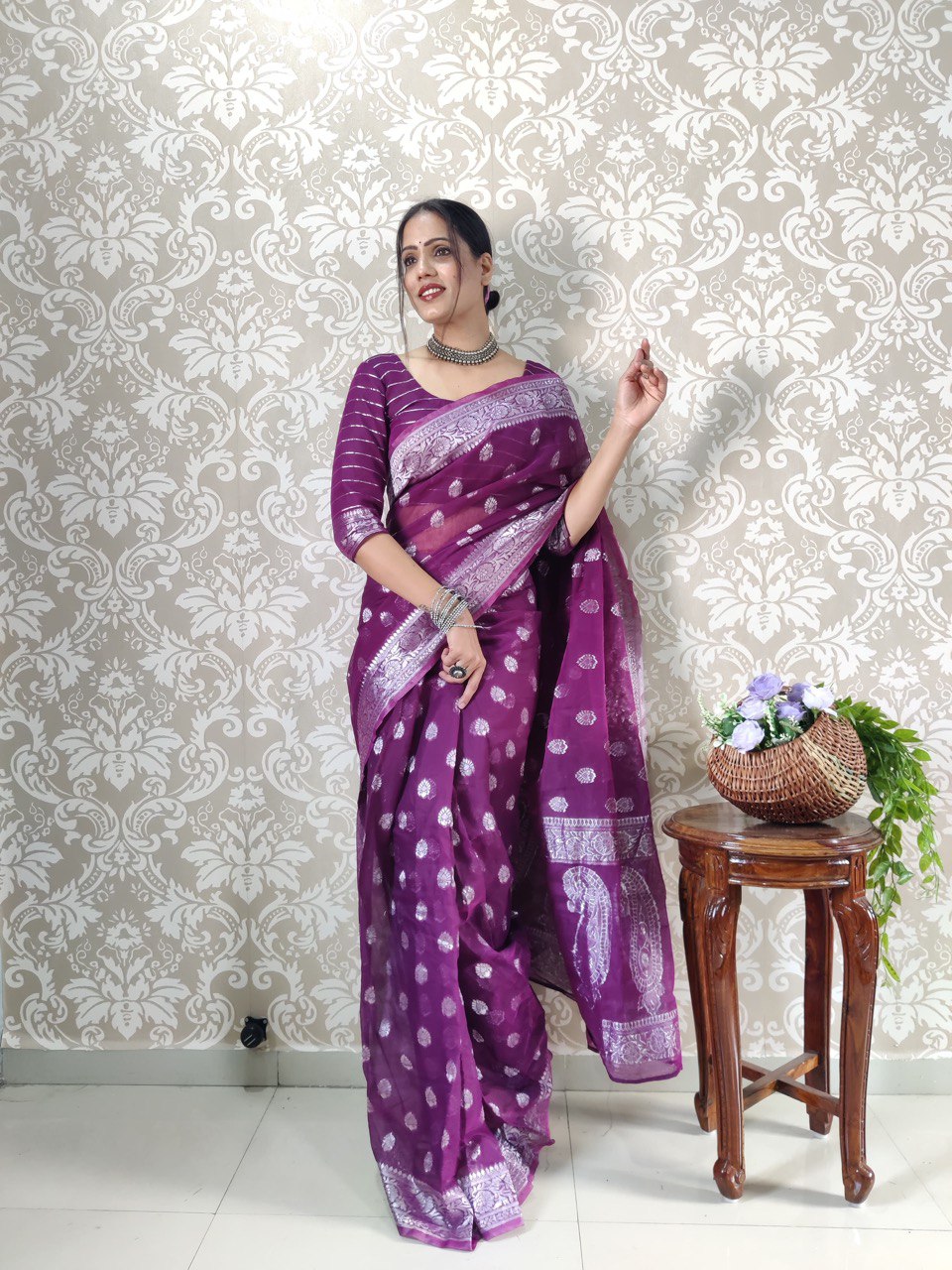 Majestic Purple Banarasi Silk Saree with Silver Zari Weaving