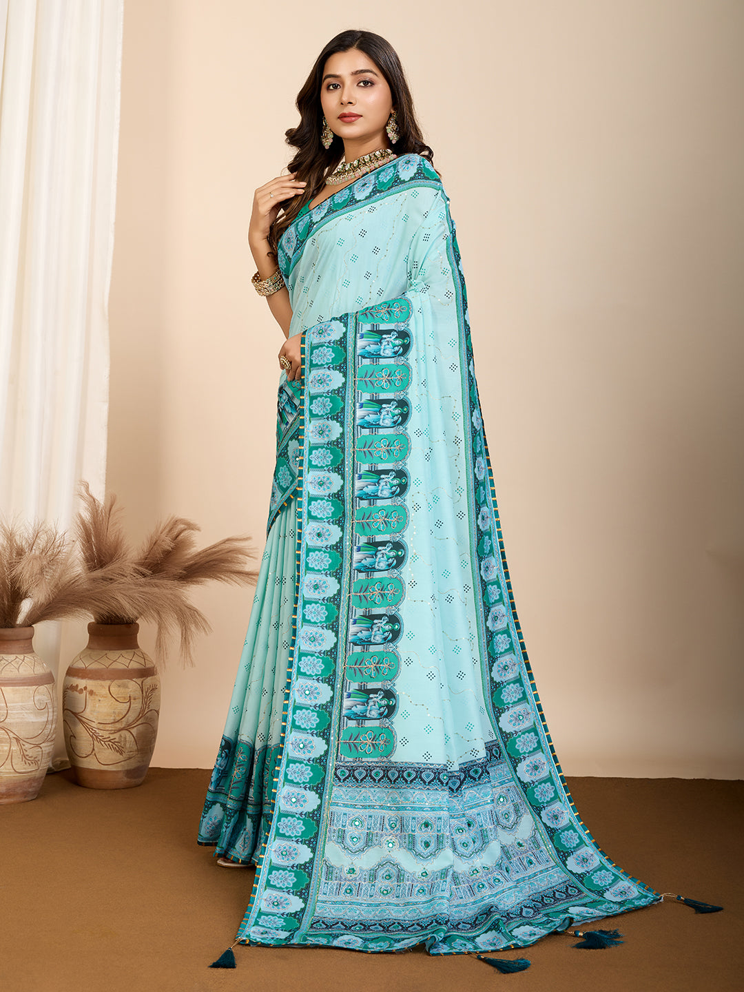 Aqua Blue Digital Print Saree with Green Ethnic Border Traditional Festival Wear