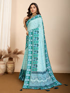 Aqua Blue Digital Print Saree with Green Ethnic Border Traditional Festival Wear