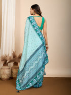 Aqua Blue Digital Print Saree with Green Ethnic Border Traditional Festival Wear