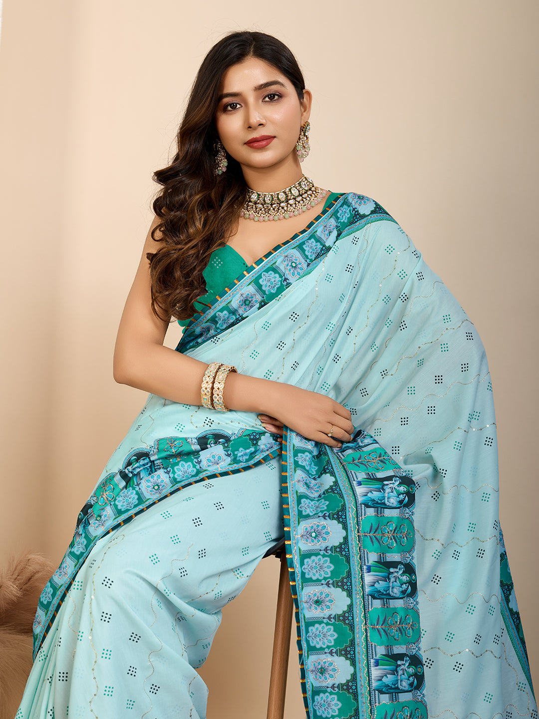 Aqua Blue Digital Print Saree with Green Ethnic Border Traditional Festival Wear