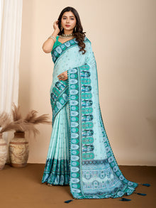 Aqua Blue Digital Print Saree with Green Ethnic Border Traditional Festival Wear