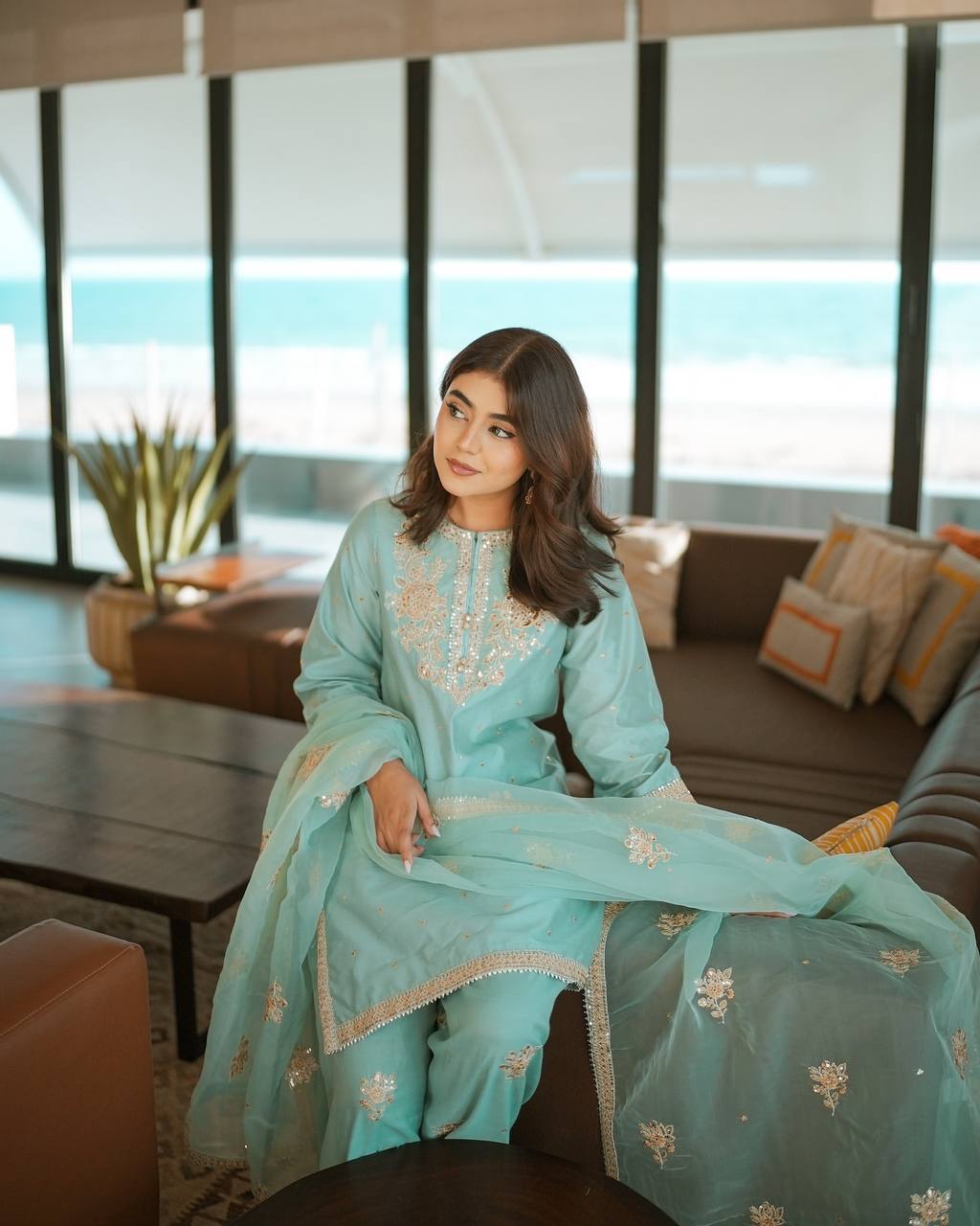 Elegant Aqua Blue Embroidered Salwar Suit