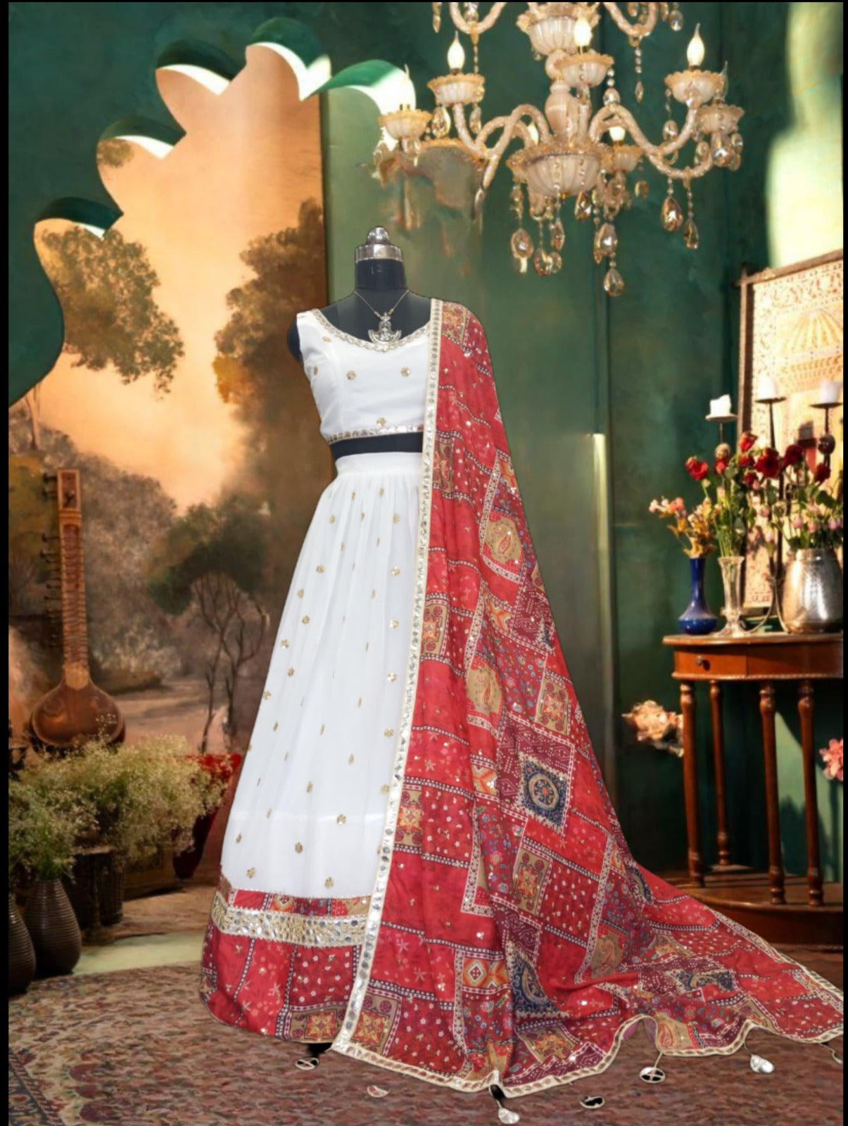 Premium Georgette Lehenga with Digital Print, Heavy Sequins Foil Mirror Work