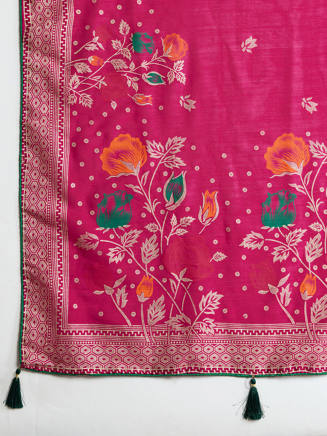 Beautiful deep pink cotton saree with floral table print and foil border detailing
