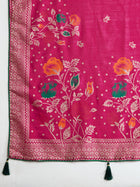 Beautiful deep pink cotton saree with floral table print and foil border detailing