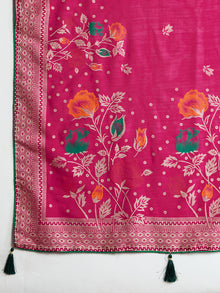 Beautiful deep pink cotton saree with floral table print and foil border detailing