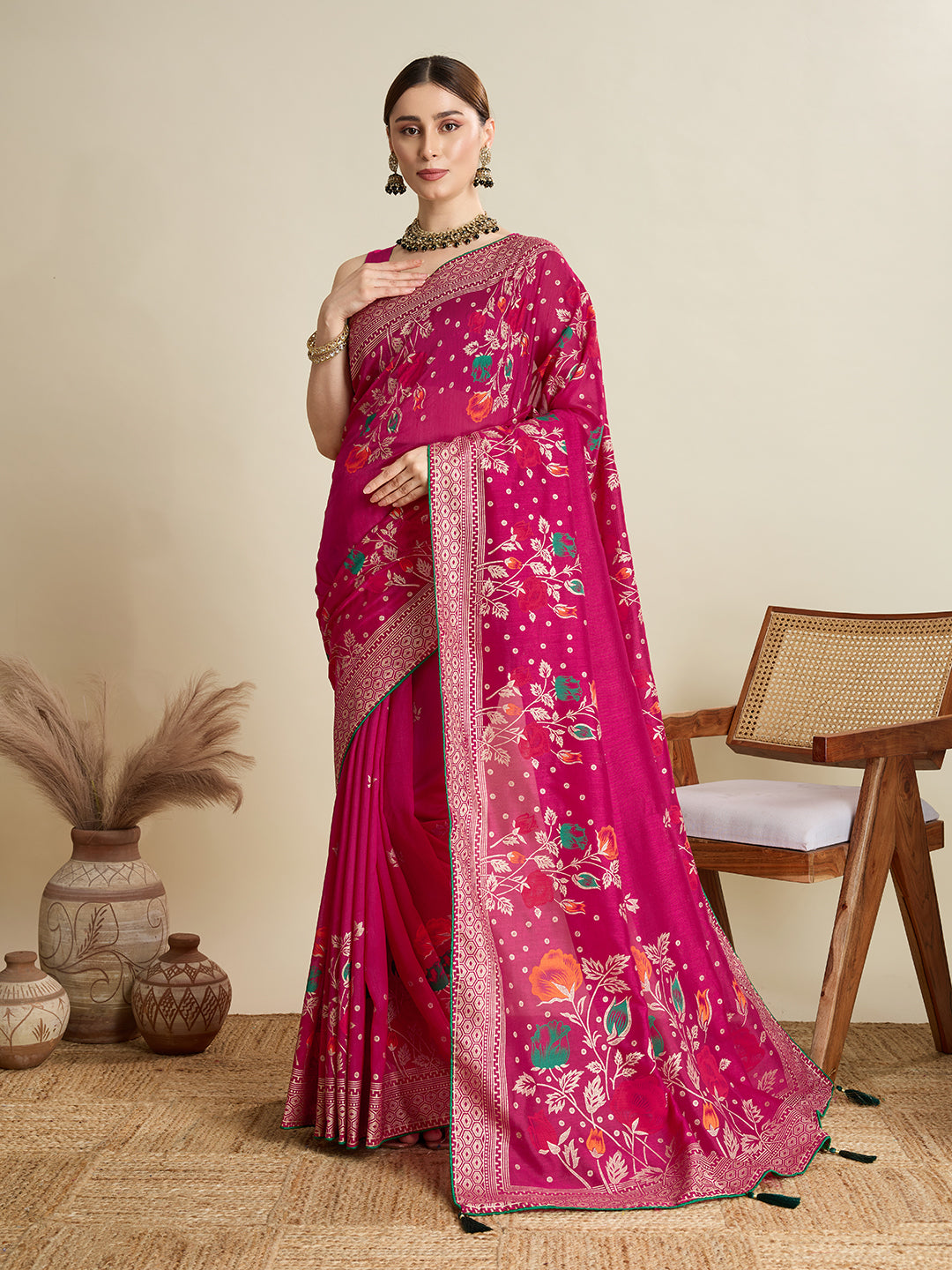 Beautiful deep pink cotton saree with floral table print and foil border detailing