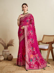 Beautiful deep pink cotton saree with floral table print and foil border detailing