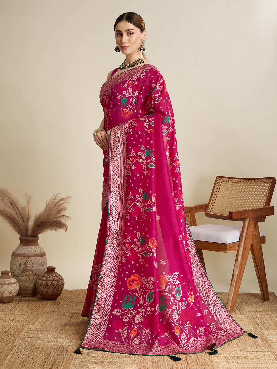 Beautiful deep pink cotton saree with floral table print and foil border detailing