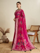Beautiful deep pink cotton saree with floral table print and foil border detailing