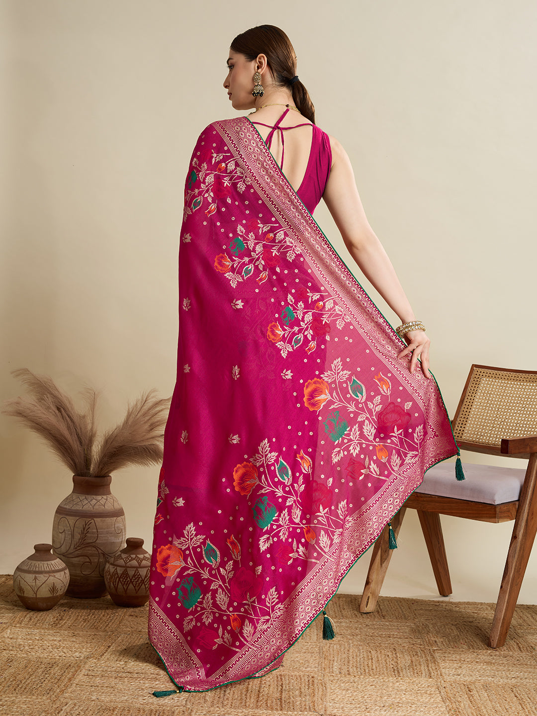 Beautiful deep pink cotton saree with floral table print and foil border detailing
