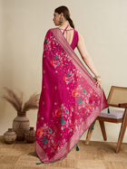 Beautiful deep pink cotton saree with floral table print and foil border detailing