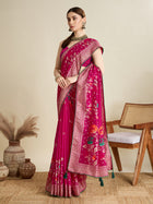 Beautiful deep pink cotton saree with floral table print and foil border detailing
