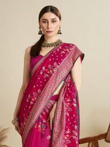 Beautiful deep pink cotton saree with floral table print and foil border detailing