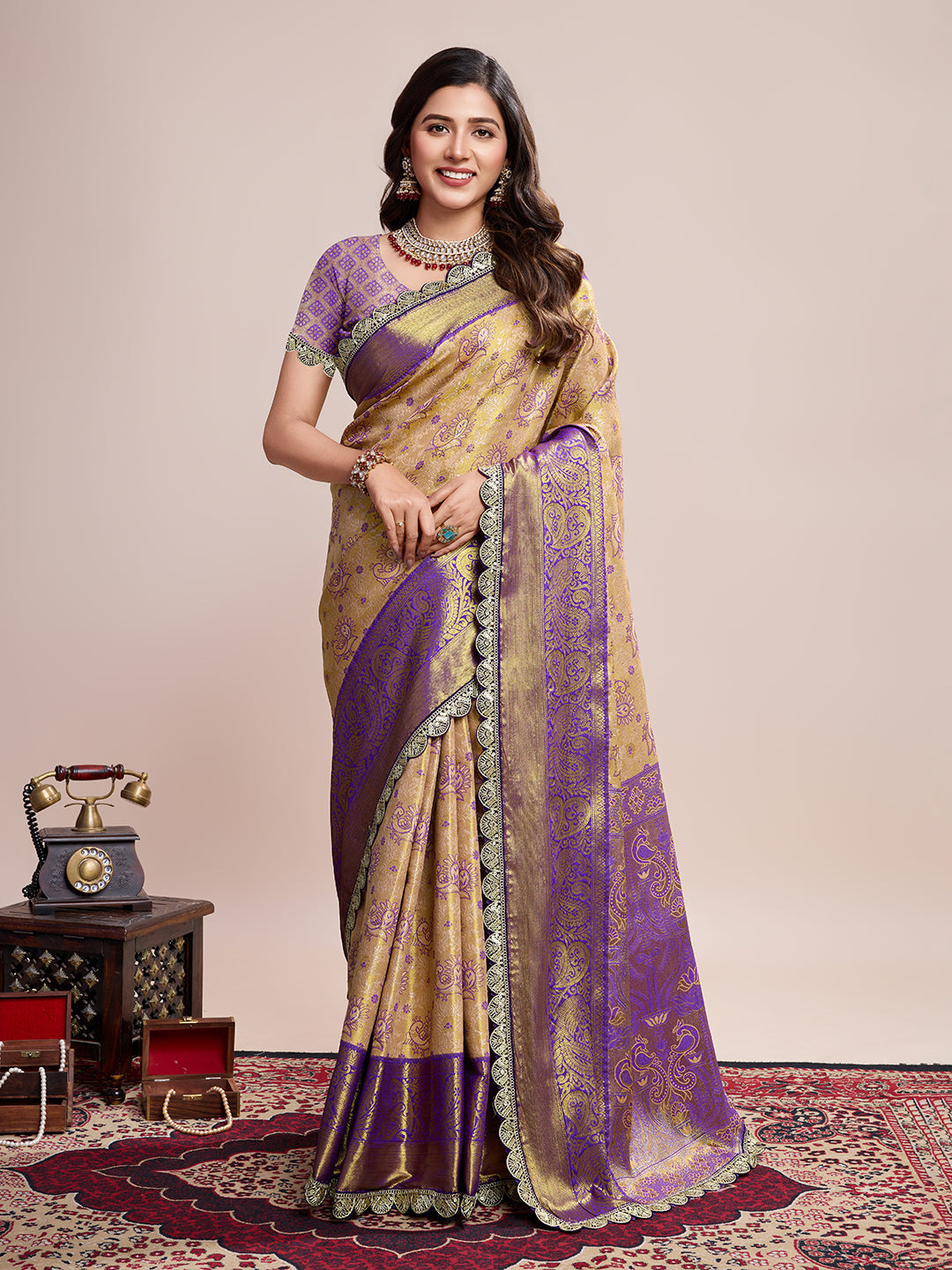 Golden & Purple Banarasi Silk Saree Traditional Wedding & Festive Wear