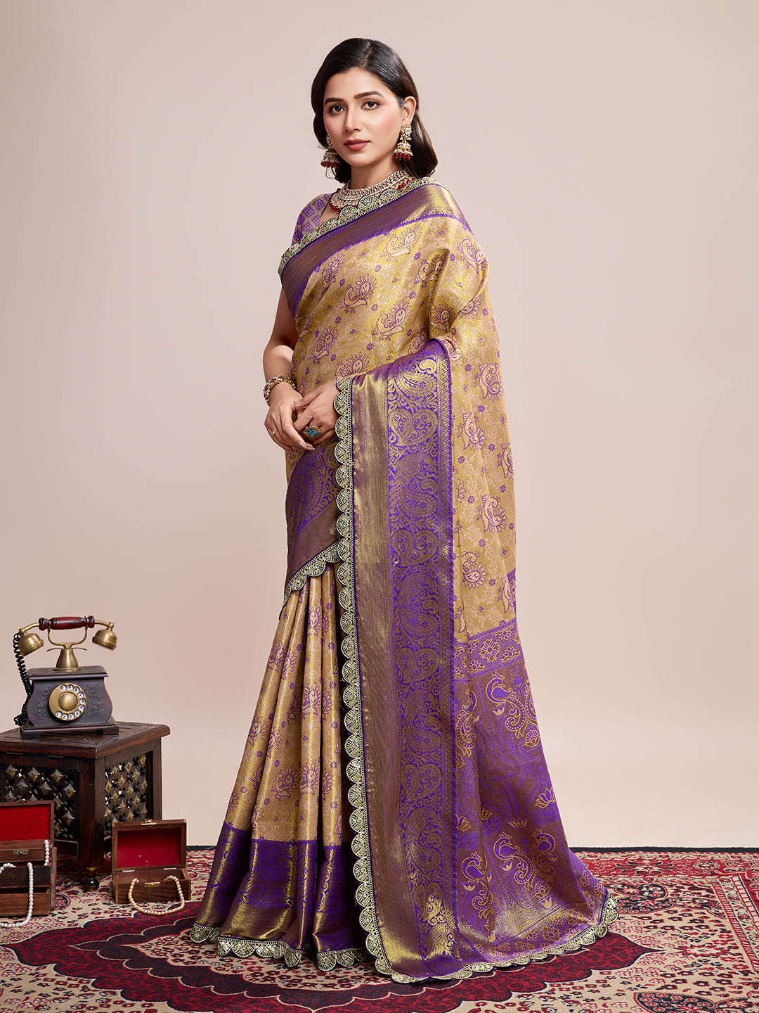 Golden & Purple Banarasi Silk Saree Traditional Wedding & Festive Wear