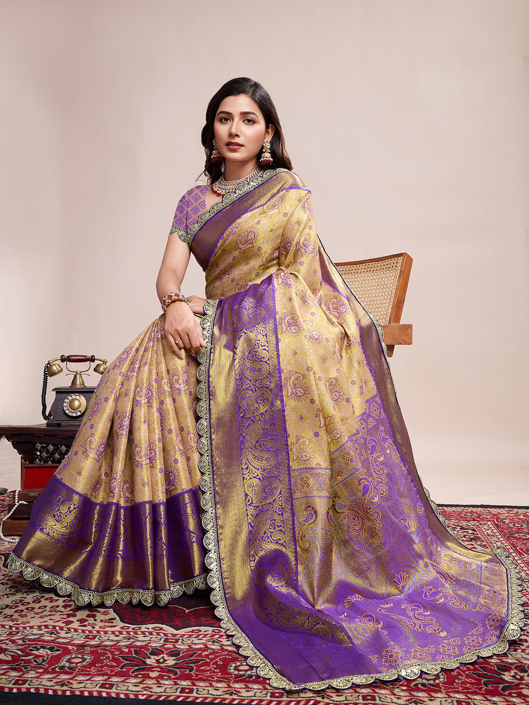 Golden & Purple Banarasi Silk Saree Traditional Wedding & Festive Wear