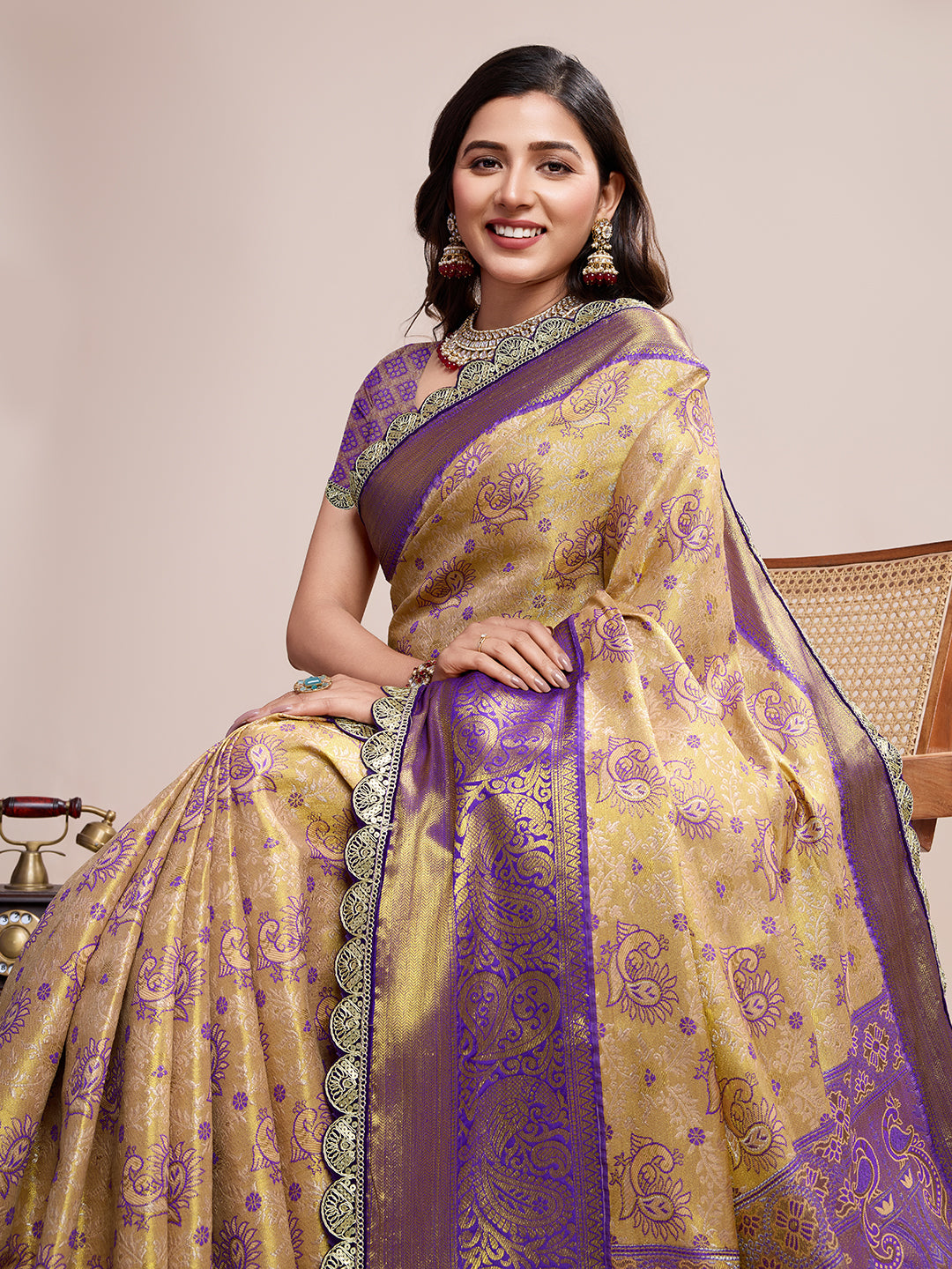Golden & Purple Banarasi Silk Saree Traditional Wedding & Festive Wear