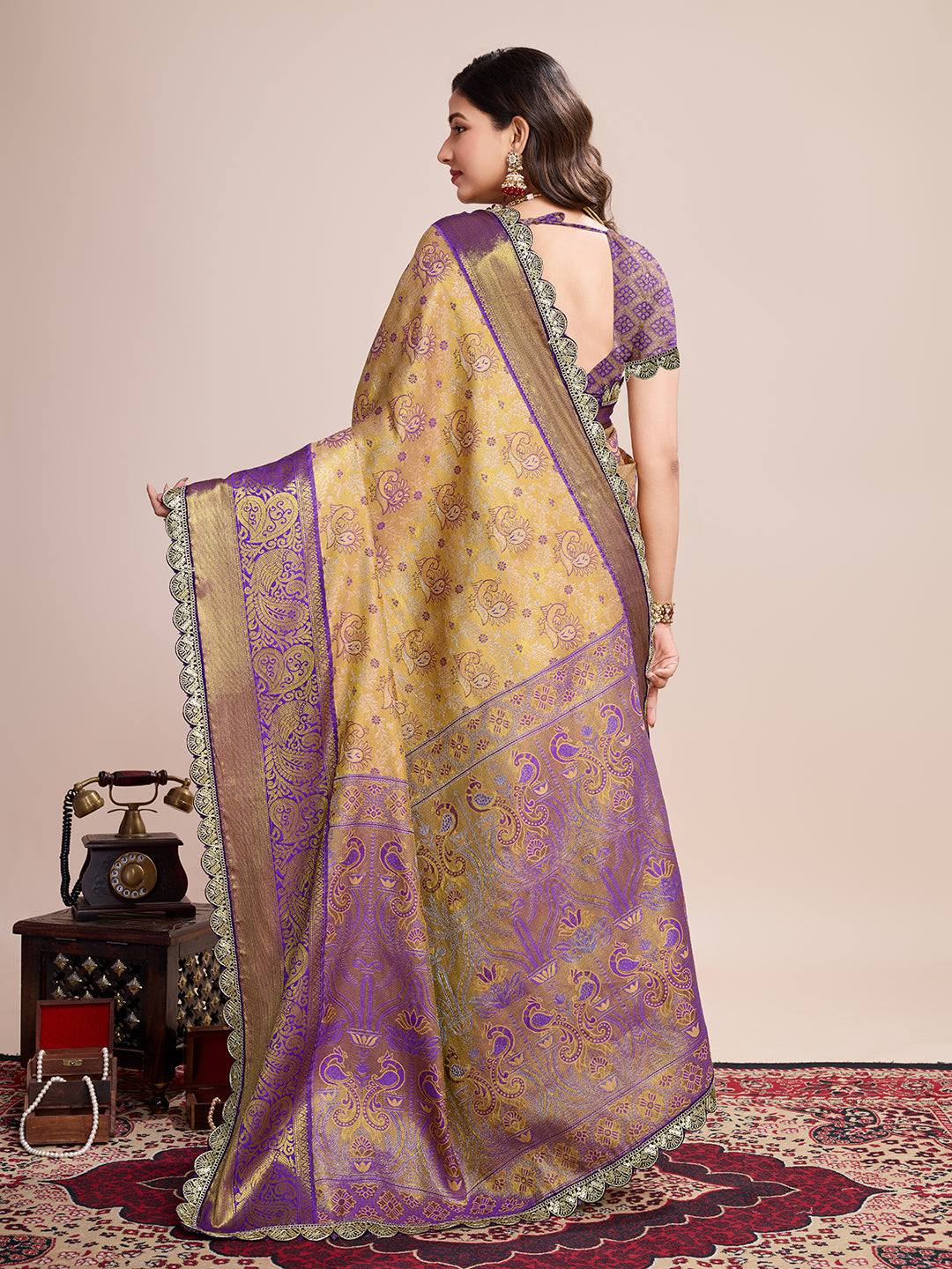 Golden & Purple Banarasi Silk Saree Traditional Wedding & Festive Wear
