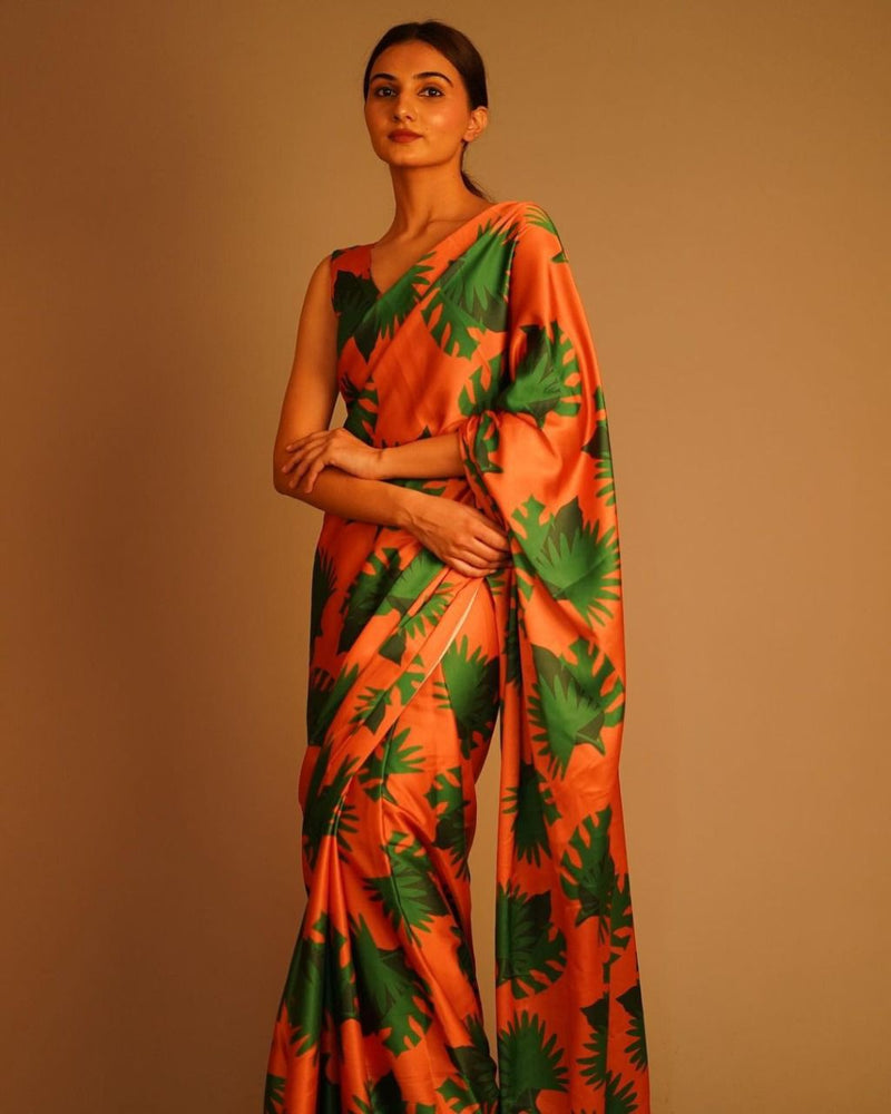 Bold Orange & Green Printed Satin Saree Contemporary Designer Wear for Women