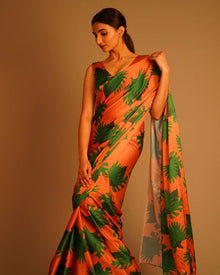 Bold Orange & Green Printed Satin Saree Contemporary Designer Wear for Women