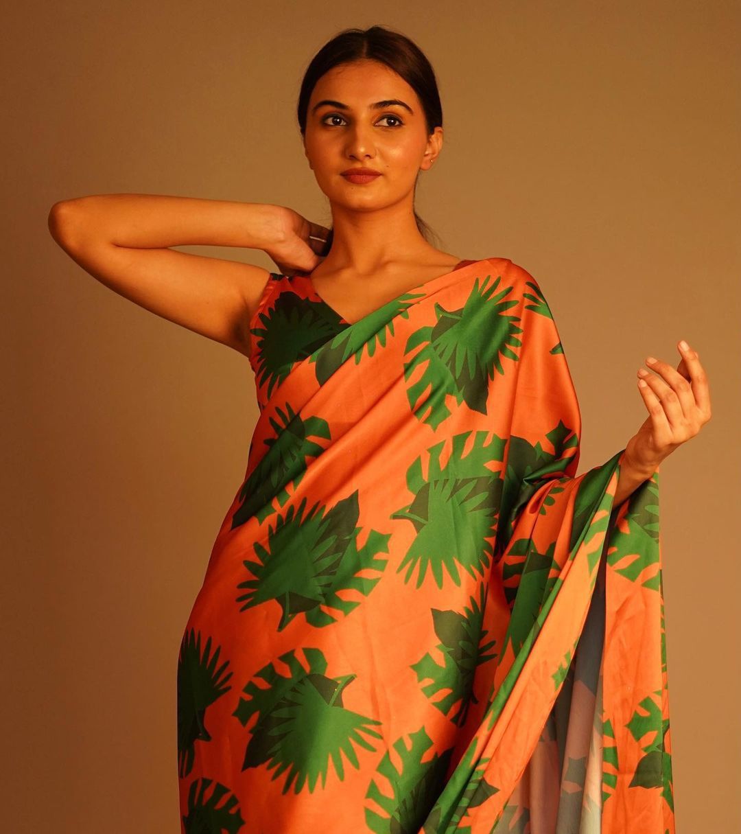 Bold Orange & Green Printed Satin Saree Contemporary Designer Wear for Women