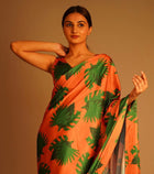 Bold Orange & Green Printed Satin Saree Contemporary Designer Wear for Women