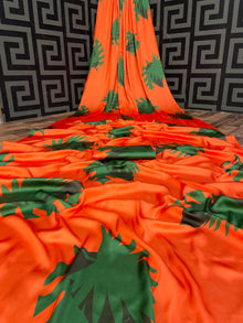 Bold Orange & Green Printed Satin Saree Contemporary Designer Wear for Women