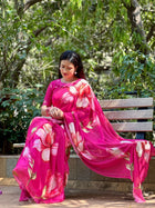 Bold Pink Georgette Floral Printed Saree Lightweight Summer Fashion Saree for Women