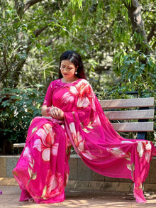 Bold Pink Georgette Floral Printed Saree Lightweight Summer Fashion Saree for Women