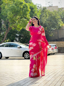Bold Pink Georgette Floral Printed Saree Lightweight Summer Fashion Saree for Women