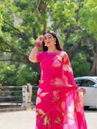 Bold Pink Georgette Floral Printed Saree Lightweight Summer Fashion Saree for Women
