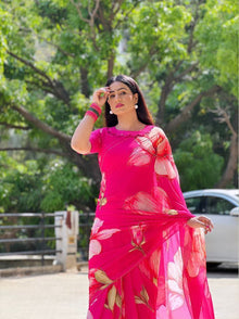 Bold Pink Georgette Floral Printed Saree Lightweight Summer Fashion Saree for Women