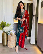 Bottle Green Red Embroidered Salwar Suit with Potli Bag