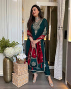 Bottle Green Red Embroidered Salwar Suit with Potli Bag