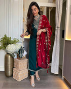 Bottle Green Red Embroidered Salwar Suit with Potli Bag