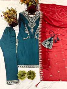 Bottle Green Red Embroidered Salwar Suit with Potli Bag
