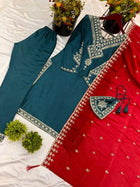 Bottle Green Red Embroidered Salwar Suit with Potli Bag