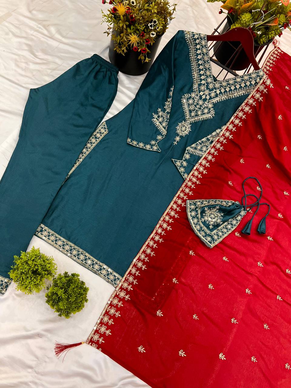 Bottle Green Red Embroidered Salwar Suit with Potli Bag
