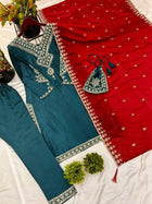 Bottle Green Red Embroidered Salwar Suit with Potli Bag