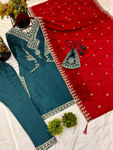 Bottle Green Red Embroidered Salwar Suit with Potli Bag