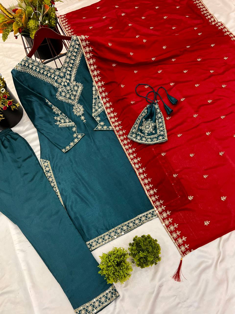 Bottle Green Red Embroidered Salwar Suit with Potli Bag