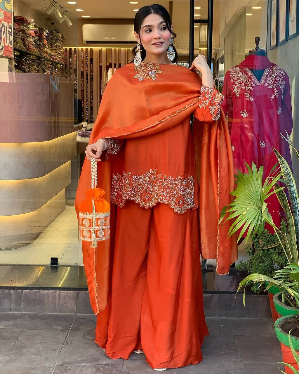 Burnt Orange Embroidered Palazzo Suit with Dupatta and Potli Bag Festive Wear