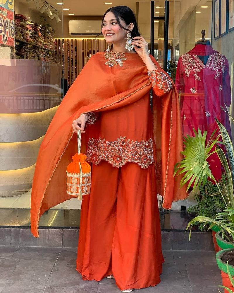 Burnt Orange Embroidered Palazzo Suit with Dupatta and Potli Bag Festive Wear